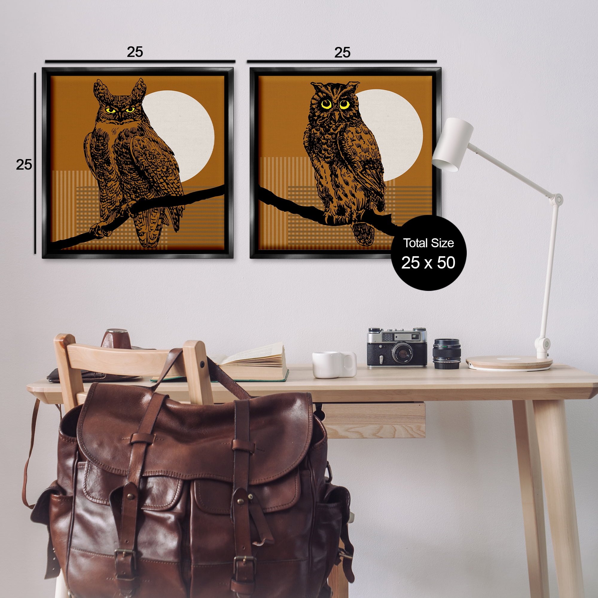 Stupell Industries Full Moon Owls on Branch Animals Painting Black Floater Framed Canvas Art Print Wall Art, 25 x 25, Set of 2