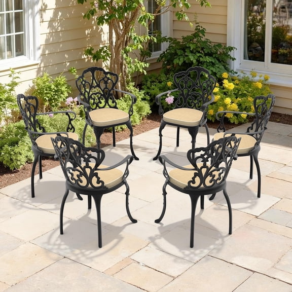 Patio Dining Chairs 6-Piece Set, Cast Aluminum with Black Frame & Off-white Cushions | Black | Aluminum