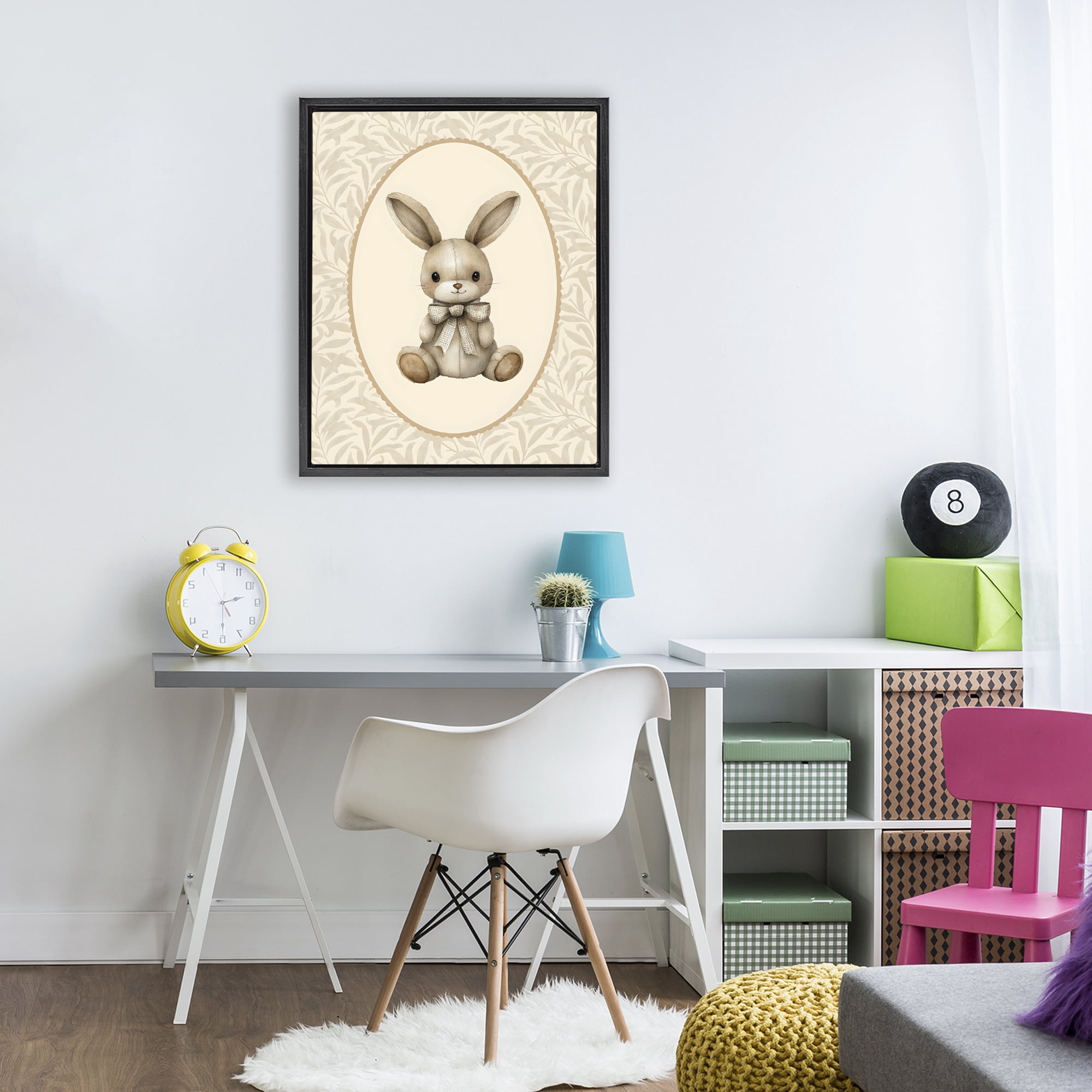 Stupell Industries Neutral Bunny in Oval Border Black Framed Floater Canvas Wall Art, design by LSR Design Studio
