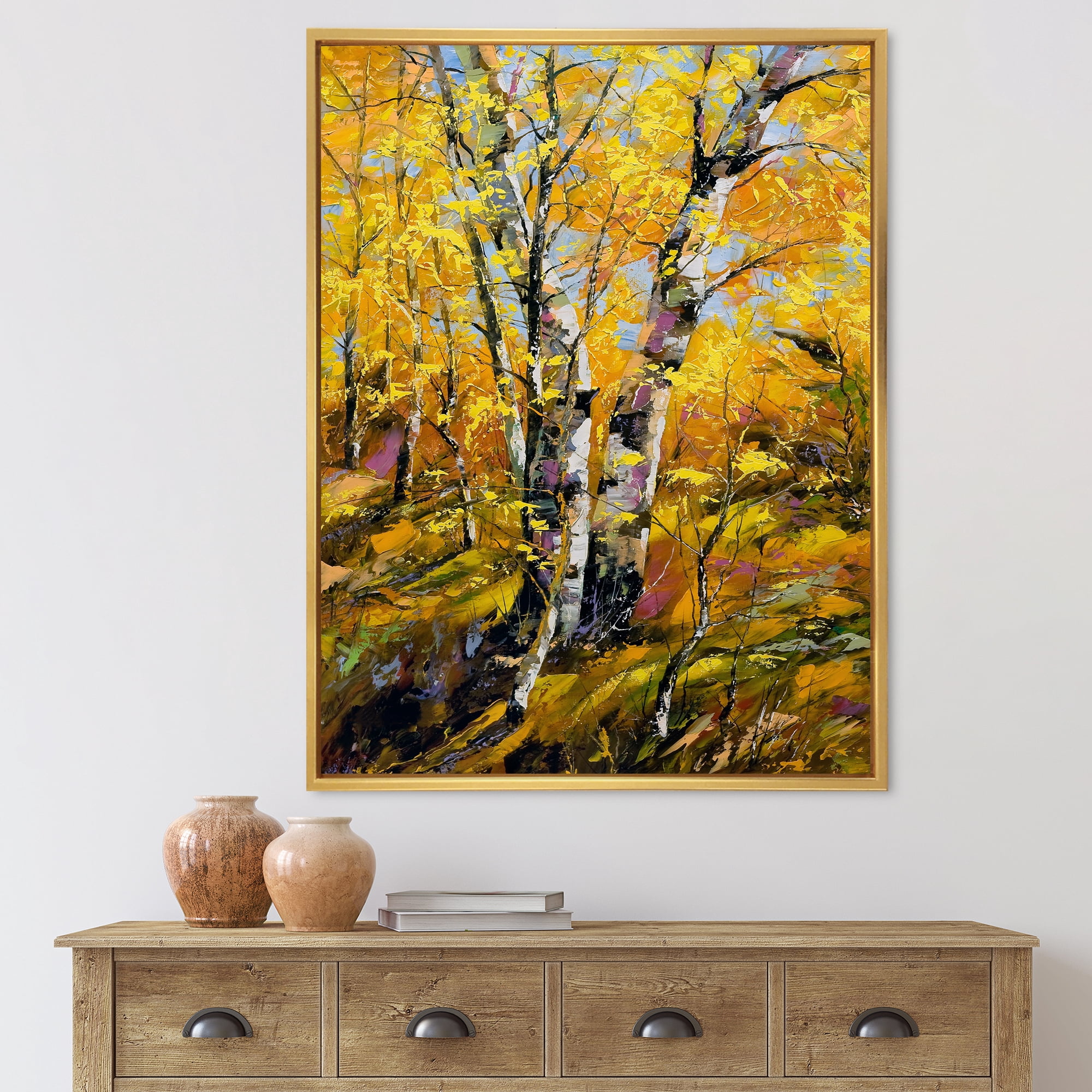 Birches In Yellow Autumn Wood Forest 16 in x 32 in Framed Painting Canvas Art Print, by Designart