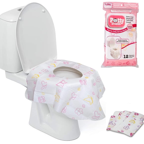 Potty Shields Housses de Siège de Toilette Jetables (12 Pack, Floral) - TG Housse de Toilette Imperméable pour Tout-Petits, Enfants et Adultes - Portable et Emballée Individuellement pour Voyage, Apprentissage de la Propreté et Toilettes Publiques