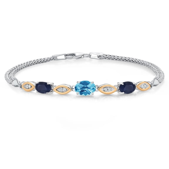 925 Silver and 10K Yellow Gold Swiss Blue Topaz and Blue Sapphire and White Lab Grown Diamond Bracelet for Women (2.17 Cttw, November Birthstone, Oval Checkerboard, Wheat Chain, 7.5 inches)