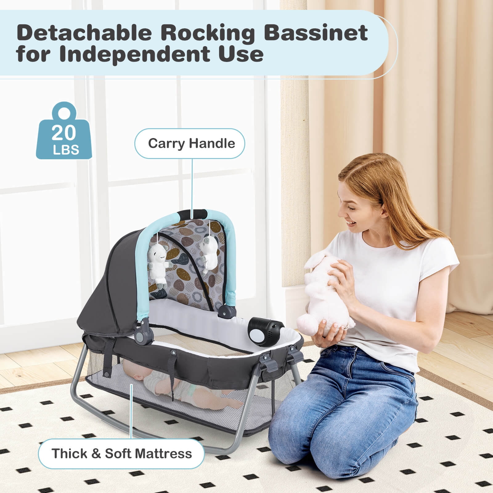 Costway 5 in 1 Bedside Bassinet with Diaper Changer Lockable Wheels & Travel Bag Blue