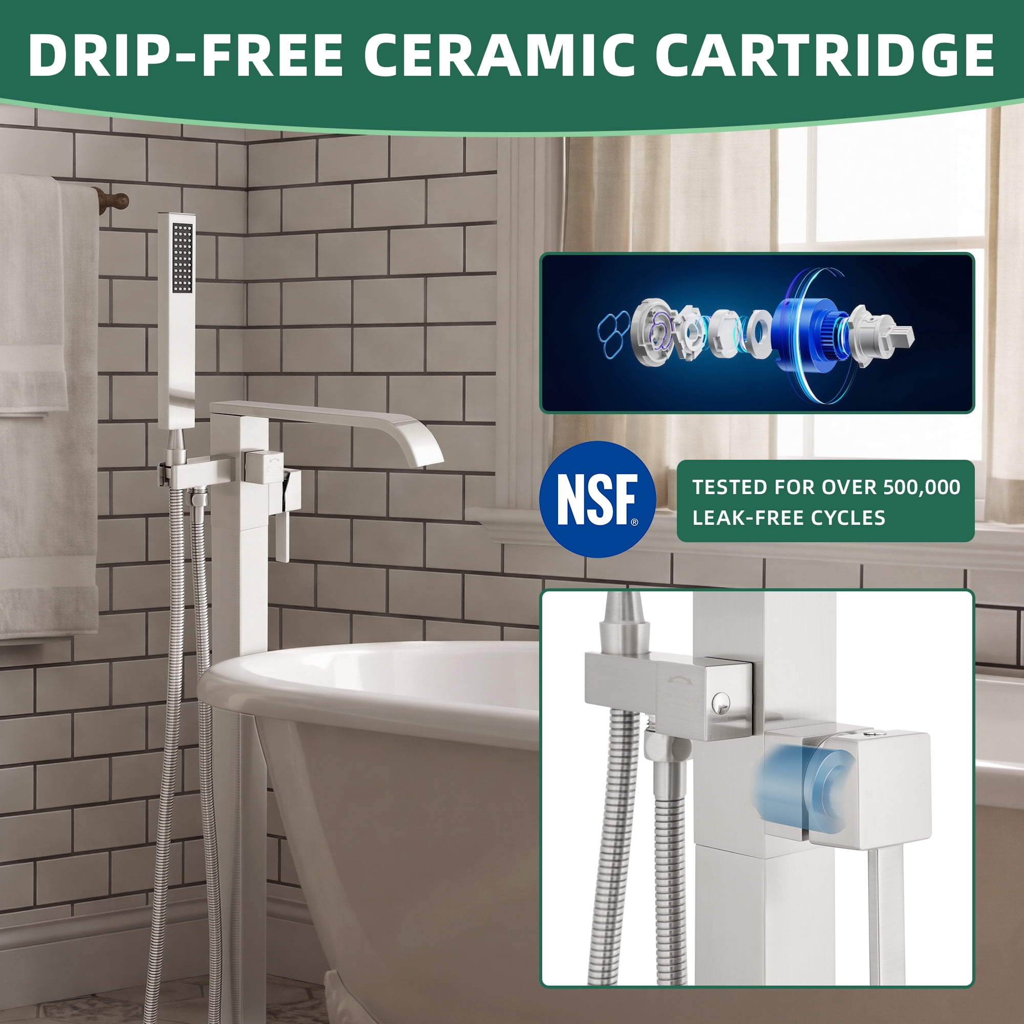 Free Standing Tub Faucet, High Flow Freestanding Bathtub Faucet with Waterfall Spout & Handheld Shower, 360°Swivel Tub Filler, Brass Body, Brushed Nickel