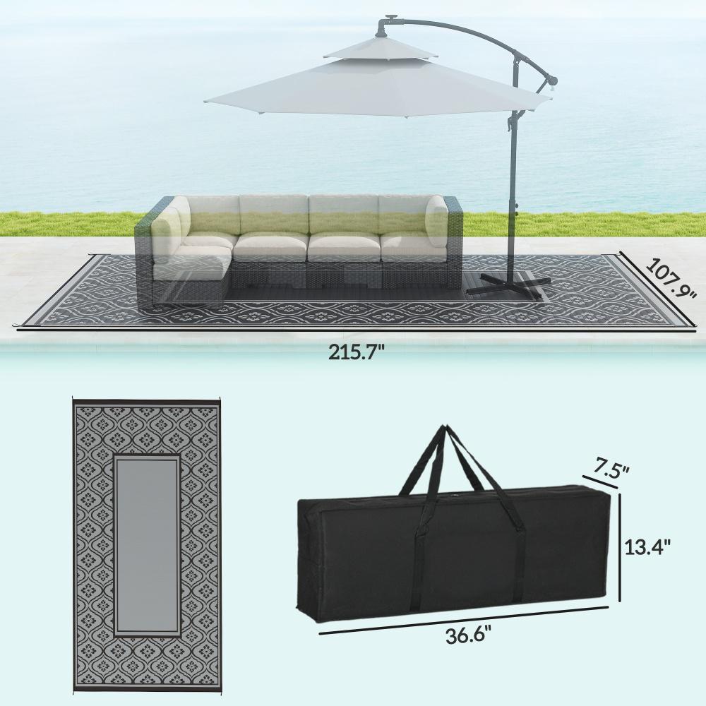 9' x 18' Black & Gray Gourd Border Reversible Outdoor Patio Rug, Waterproof Plastic Straw RV Camping Rug with Carry Bag, Foldable Fade Resistant Mat