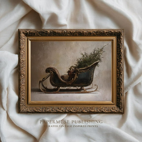 Victorian Sleigh Art Print, Vintage Christmas Home Decor, Old Fashioned Winter Carriage Painting, Rustic Holiday Wall Art, 16x24 UNFRAMED