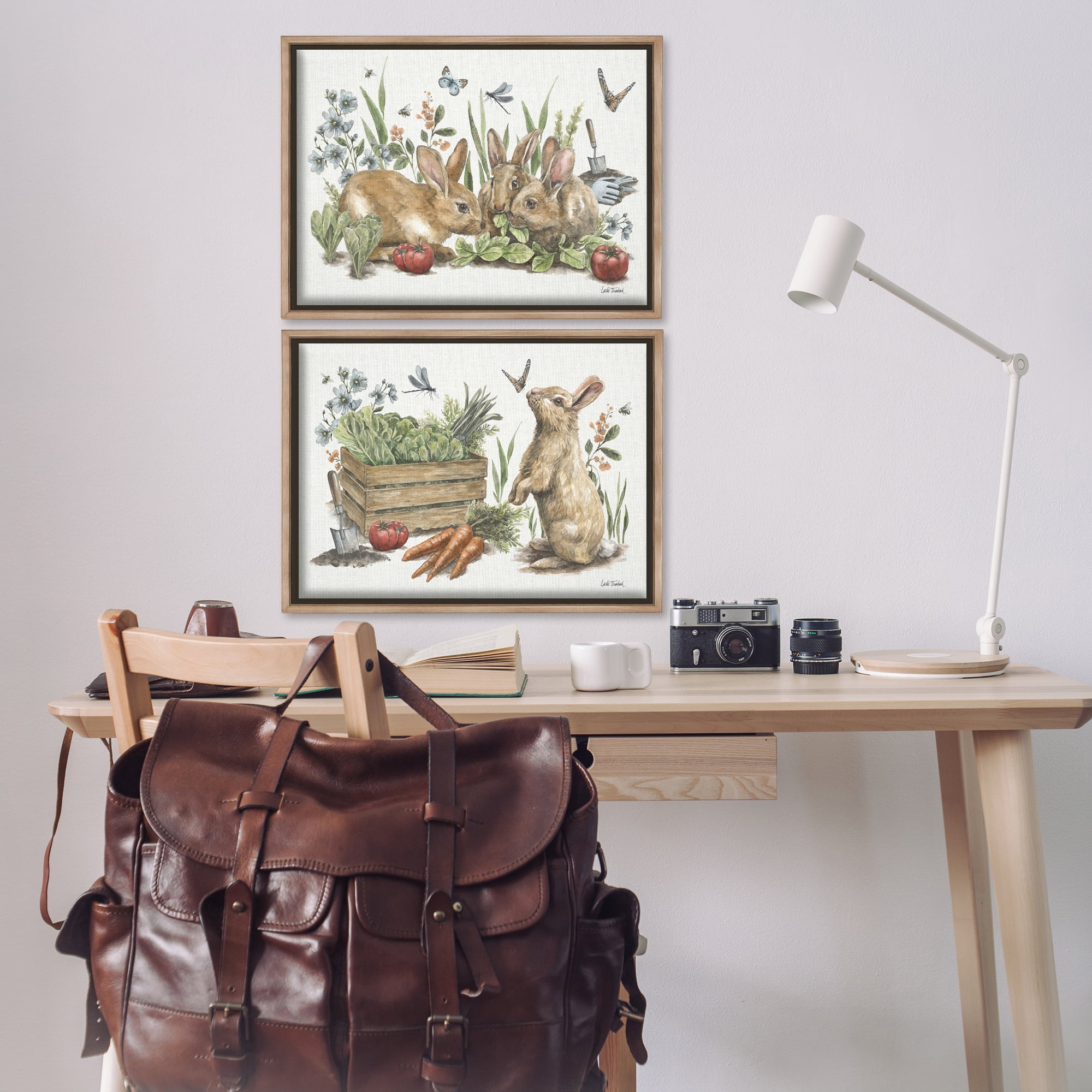 Stupell Industries Rabbit Vegetable Garden Party Animals Painting Brown Floater Framed Canvas Art Print Wall Art, 25 x 17, Set of 2