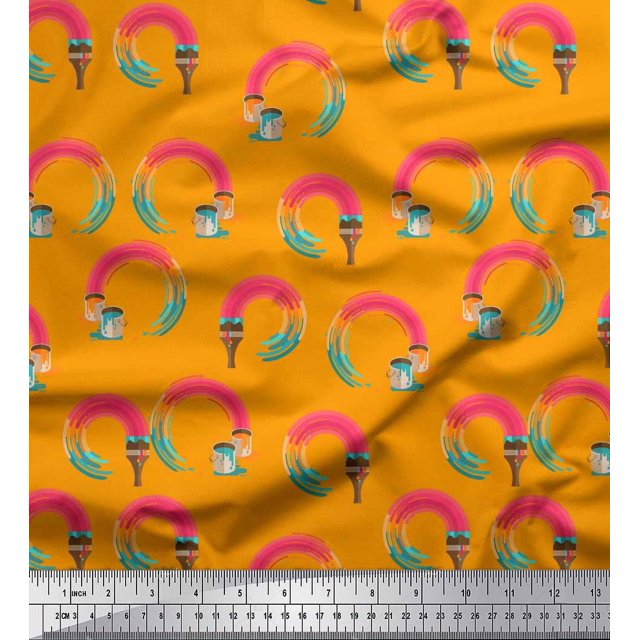 Soimoi Orange polyester Crepe Fabric Paint Brush Abstract Fabric Prints By Yard 42 Inch Wide