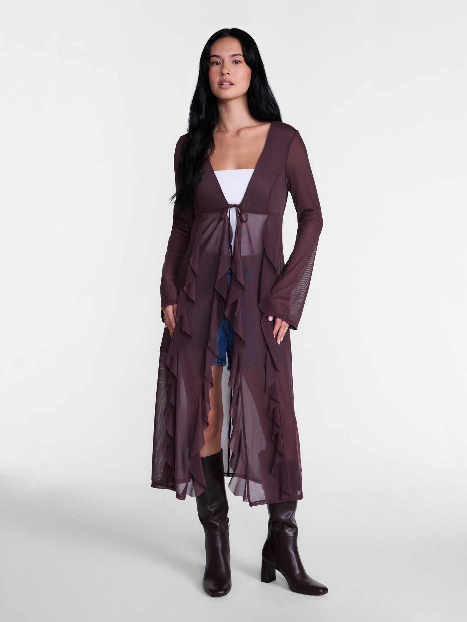 Madden NYC Women’s Ruffle Sheer Tie Front Duster with Long Sleeves, Sizes XXS-XXL