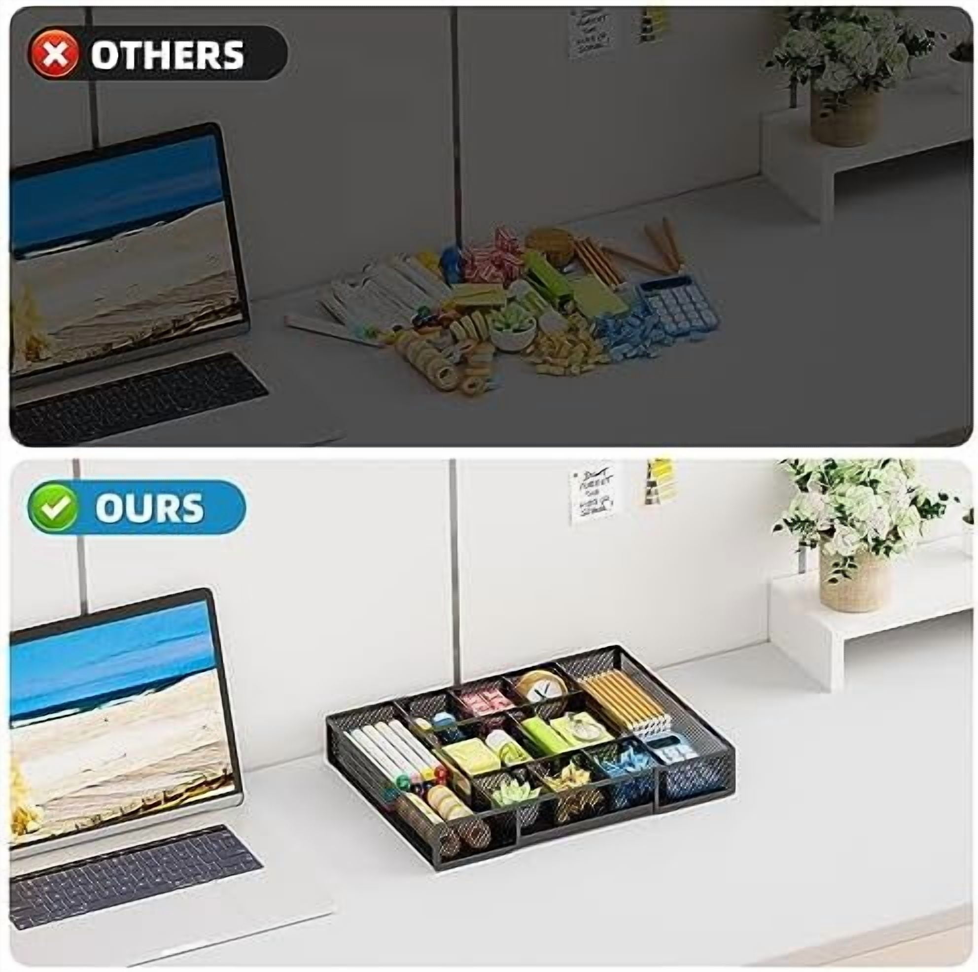Expandable Desk Drawer Organizer, Mesh Drawer Organizer Tray with 10 Adjustable Compartments, Desk Organizers and Accessories, 5 Dividers Drawer for Office Supplies, Makeup & Vanity (Black)