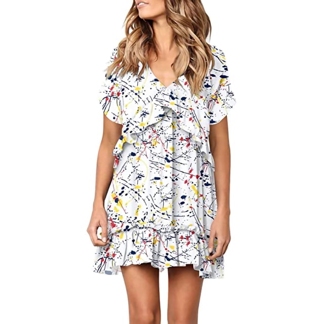 Fridja Robe pour Femmes Impression Personnalisée Longueur Genou Manches Courtes Robe Drapée