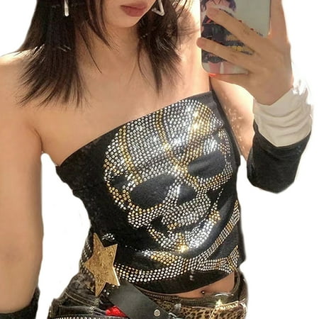 

Wassery Womens Punk Tube Tops Rhinestones Skull Sexy Sleeveless Vests Slim Fit Corset Tops Harajuku Clothes Bustier