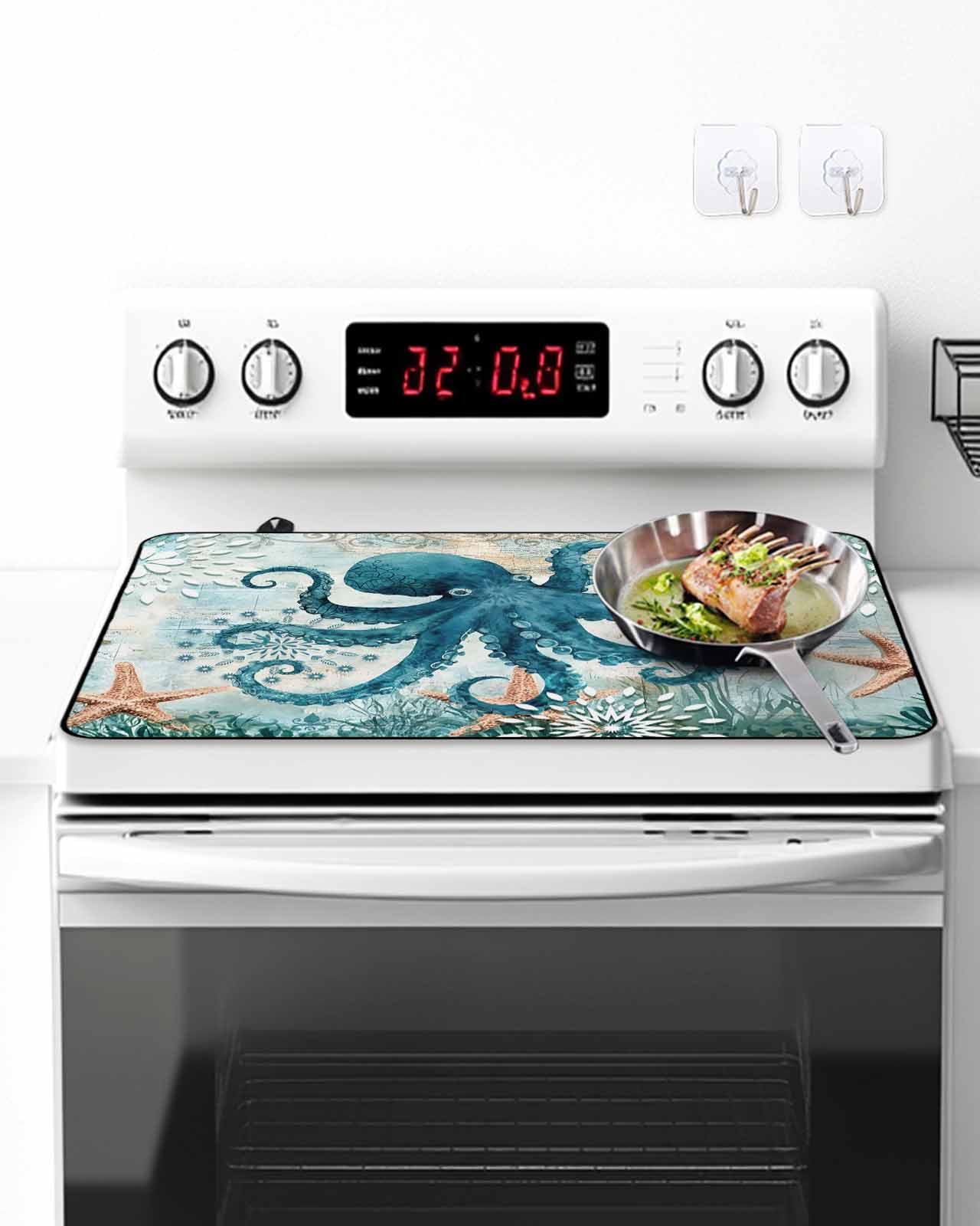 Stove Top Covers for Electric Stove, Coastal Octopus Glass Stovetop Cover Protector, Teal Nautical Beach Starfish Vintage Induction Cooktop Protector Oven Mat for Kitchen Countertop 24"x21"