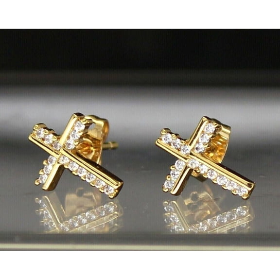 14K Yellow Gold Finish 2Ct Round Cut Simulated Diamond Men's Cross Stud Earrings