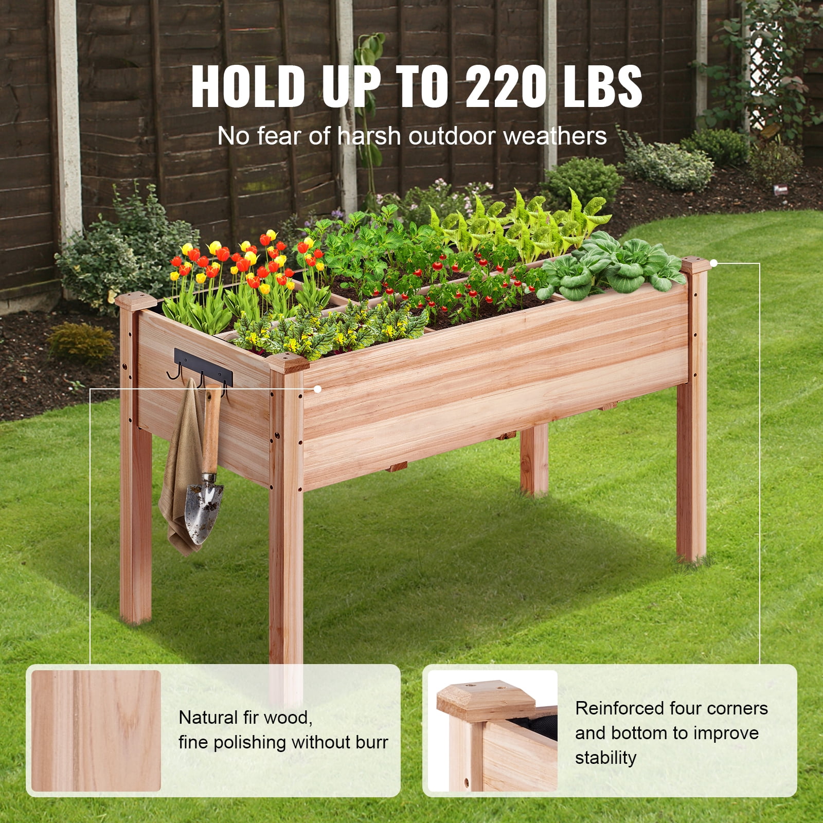 KFFKFF Wooden Raised Garden Bed Planter Box 47.2x22.8x30" Flower Vegetable Herb