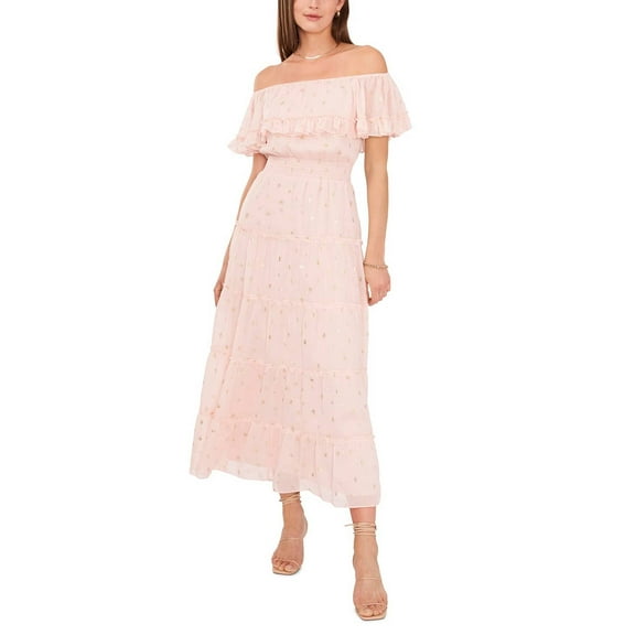 Vince Camuto Women's Pink Foiled Tiered Off-The-Shoulder Maxi Dress