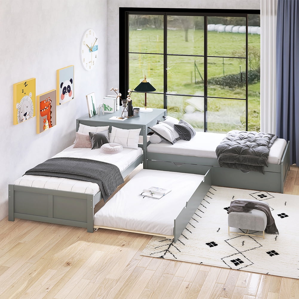 Kadyn L-shaped Platform Bed with Two Trundles and Built-in Square Table,Gray Kadyn L-shaped Platform Bed with Two Trundles and Built-in Square Table,Gray