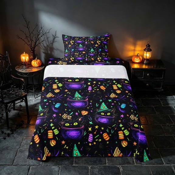 Homewish Neon Witch Cat Twin Sheets, Halloween Candy Stars Bedding, Black Purple Green, 3-Piece (1 Flat Sheet, 1 Fitted Sheet and 1 Pillowcase)