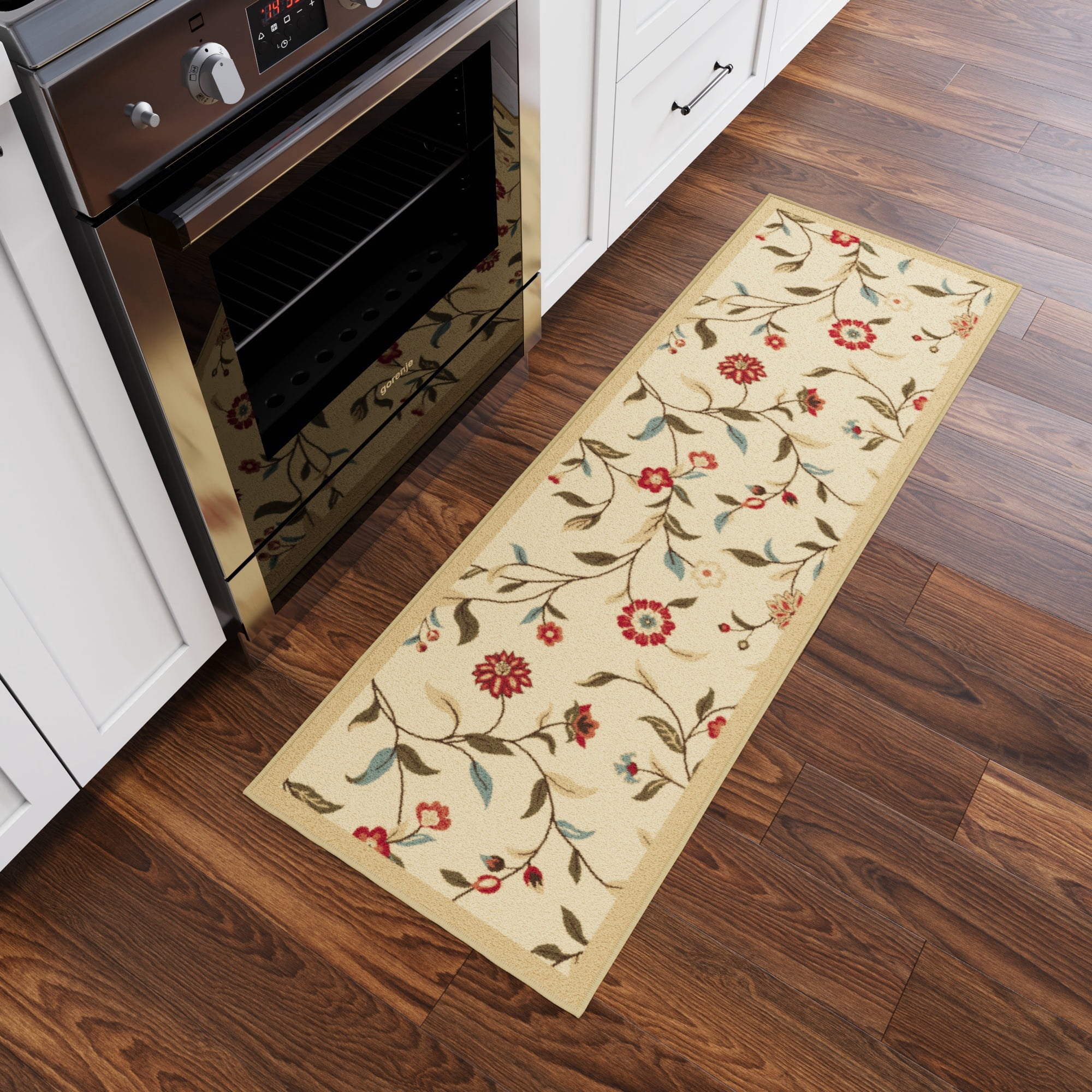 Ottomanson Floral Bathroom Runner Rug 20" x 53" - Non Slip Low Pile Carpet, Beige