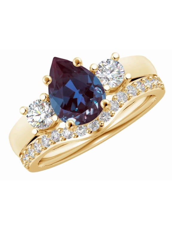 1.5 to 5.5 Carat Pear 14K Yellow Gold LAB GROWN Gemstone and LAB GROWN Diamond Wedding Bridal Set (AAAA Heirloom Quality) Alexandrite Gemstone 1.5 Carat Size-7.5