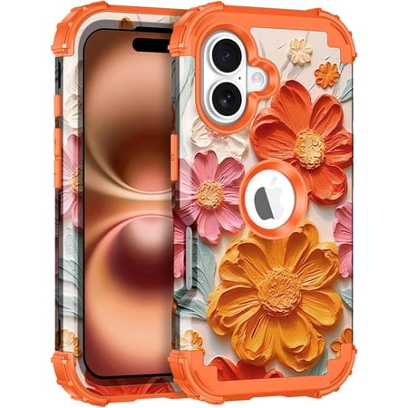 CACOCO-For Iphone 16 Case Three-Layer Shockproof Heavy Duty Hybrid Sturdy High Impact Protective Cover Girls Women Flower Case For Apple Iphone 16 6.1 Inch 2024 Orange