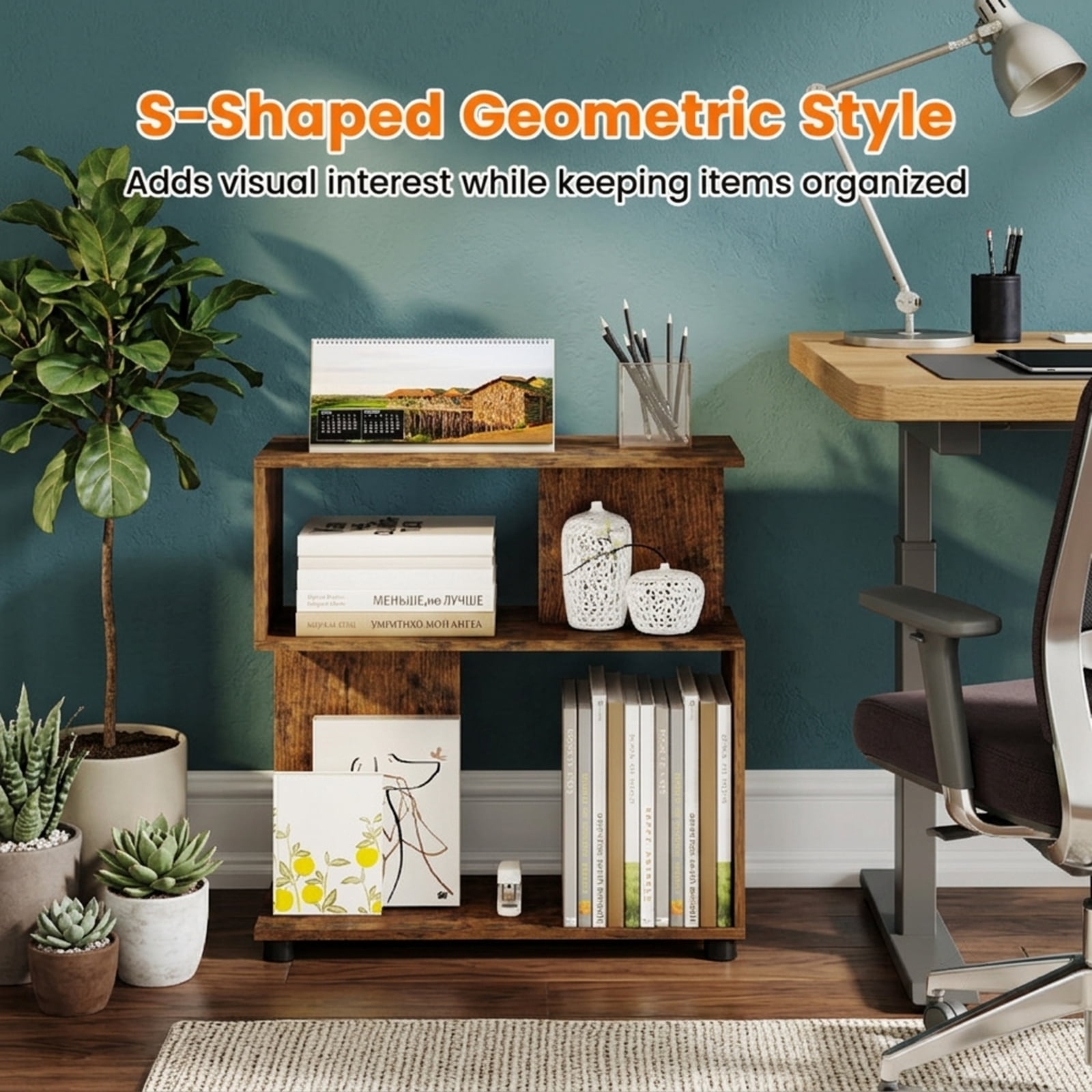 Furnibear 3-Tier Modern S-Shaped Bookshelf with Reversible Design Adjustable Feet and Anti-Tipping Kits for Living Room and Study, Rustic, Brown