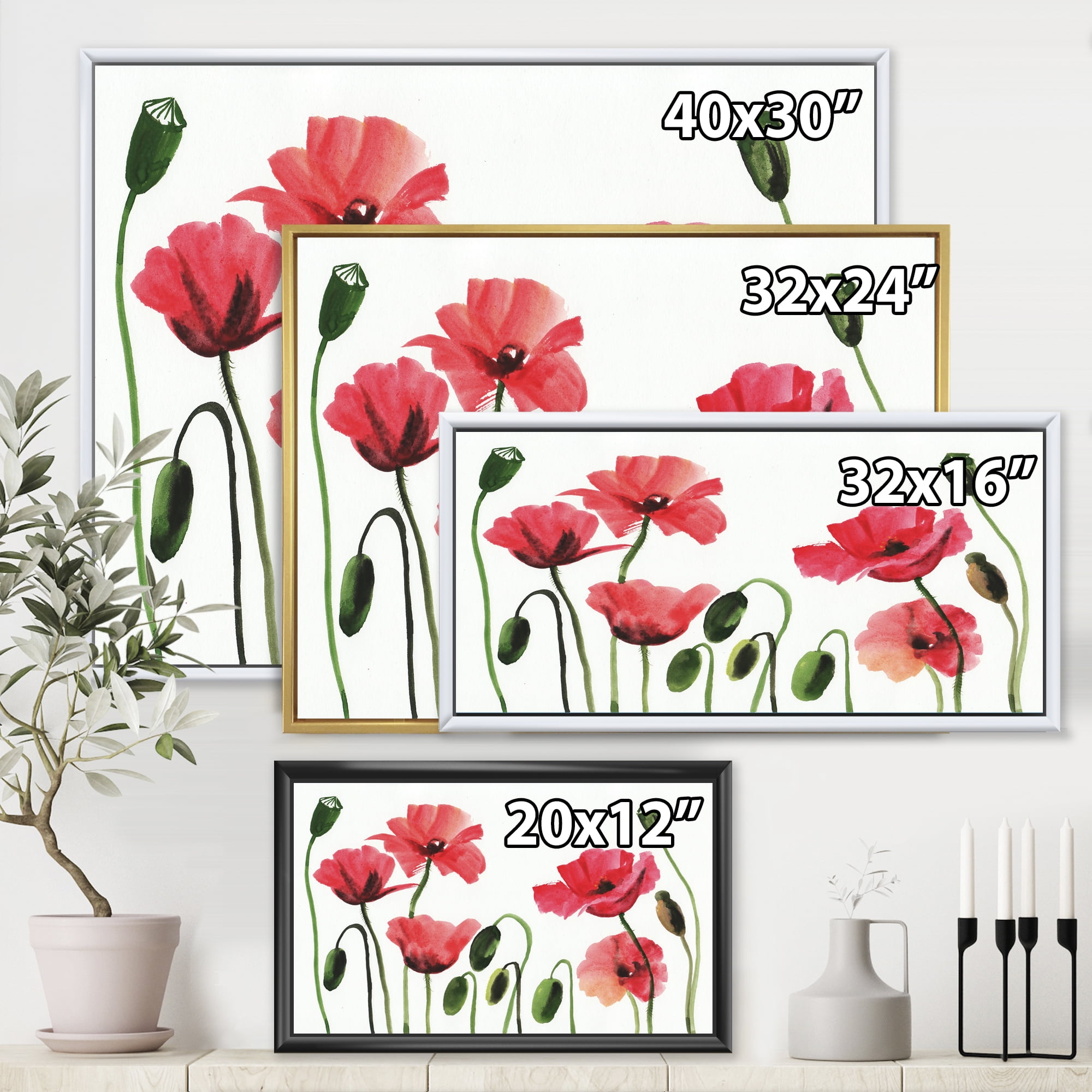 Ancient Red Blooming Poppies 32 in x 16 in Framed Painting Canvas Art Print, by Designart