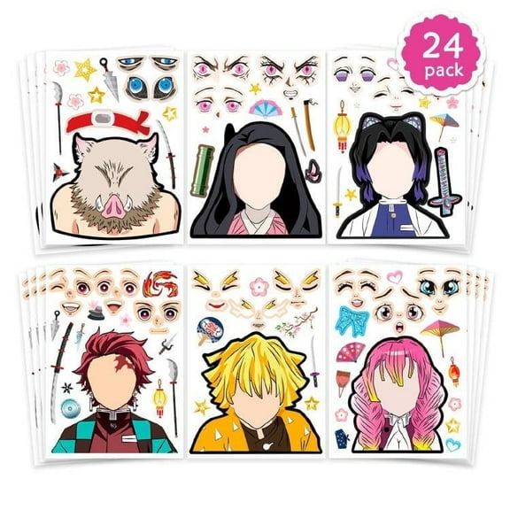 24 PCS Demon Slayer Stickers DIY Kids Stickers with Changeable Faces Mixed & Matched with 6 Designed Characters Stickers for Party Decoration, Reward, Decor, Gift Idea