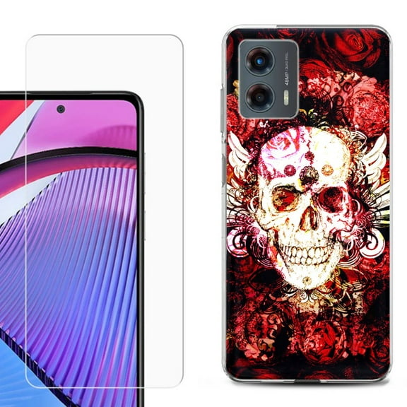 OneToughShield ® Compatible with Motorola Moto G 5G 2023, Shockproof Phone Case, with Tempered Glass Screen Protector - Rose Skull