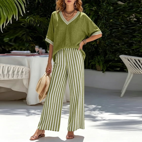 Maqroz Women 2 Piece Outfits Sets Summer Striped Print Short Sleeve V Neck Top and Striped Pants Set Elastic Waist Pockets Casual Vacation Sets Green M