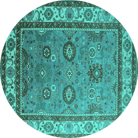Ahgly Company Machine Washable Indoor Round Oriental Turquoise Blue Industrial Area Rugs, 7' Round