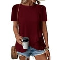 thumbnail image 4 of vigerkar Womens Fashion Short Sleeve Eyelet Tops Summer Casual Blouses Dressy Tops with Ruffle Hem (Wine, M), 4 of 6