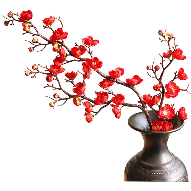 Nvzi 3 ramas de flores de cerezo artificiales, tallo largo de 23 pulgadas, flores de ciruelo de seda con brotes, color rojo