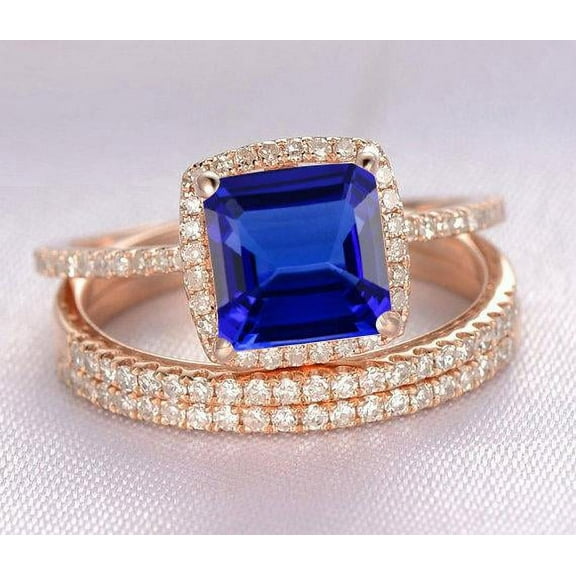 2 carat Blue Sapphire and diamond Halo trio wedding ring Bridal Set in 10k Rose Gold: On Limited Time Sale Under Dollar 800