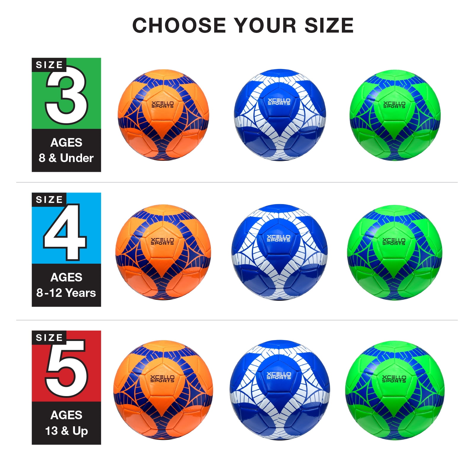 Xcello Sports Soccer Ball Size 4, Assorted Graphics Youth Soccer Ball with Pump, Sports Balls Official Match Size and Weight, Orange, Green, Navy, Pack of 12