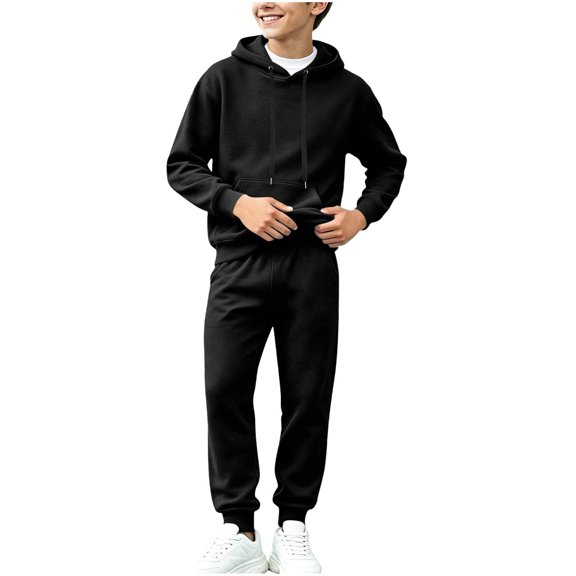 Gvtxlev Boys Tracksuits 2026 Long Sleeve Fleece Hoodies with Kangaroo Pocket Casual 2 Piece Jogger Set Solid Color Sizes 2-14 Years