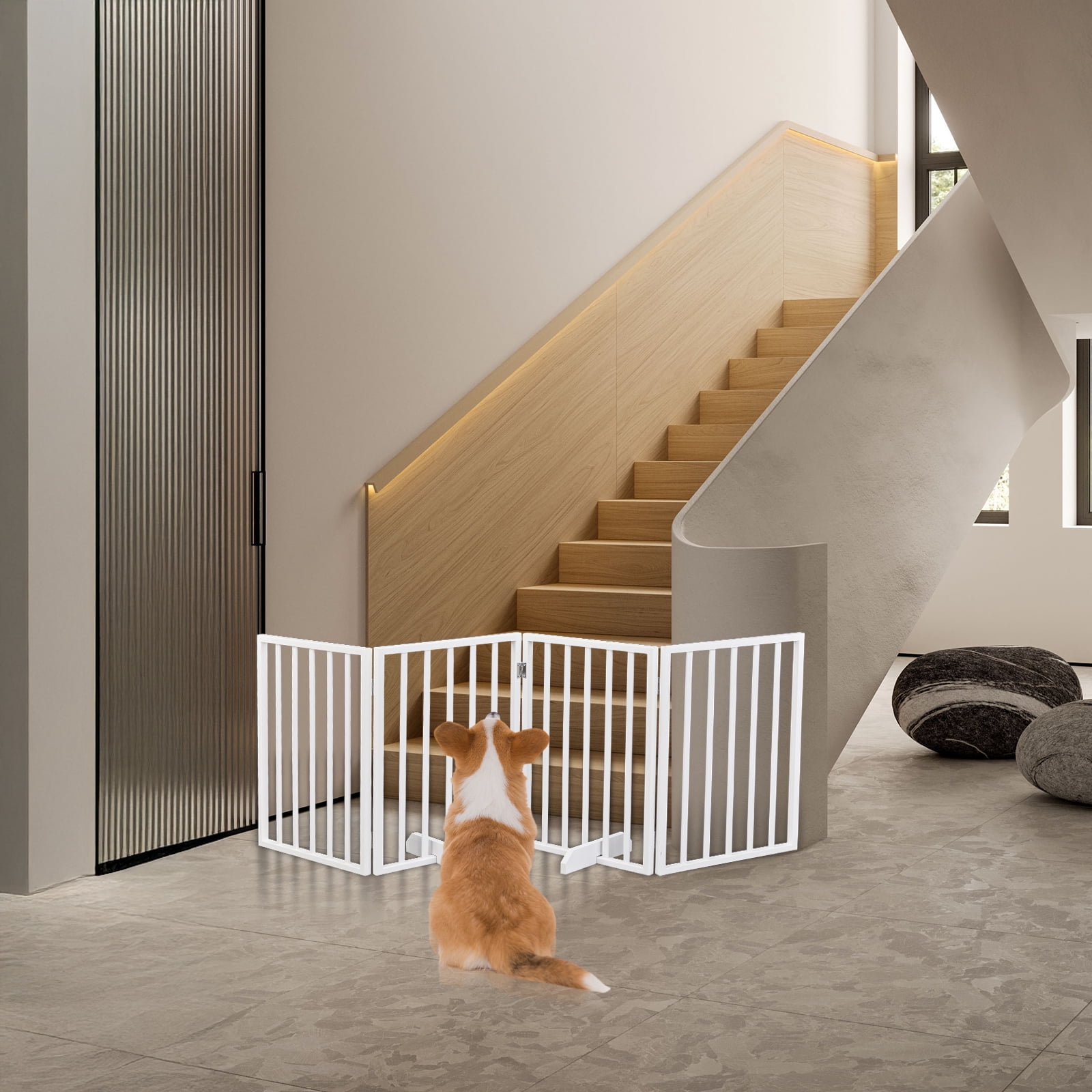 Ktaxon Solid Hardwood Freestanding Dog Gate, Foldable Wooden Pet Gates for Indoor, 24" Height, 4 Panels, White