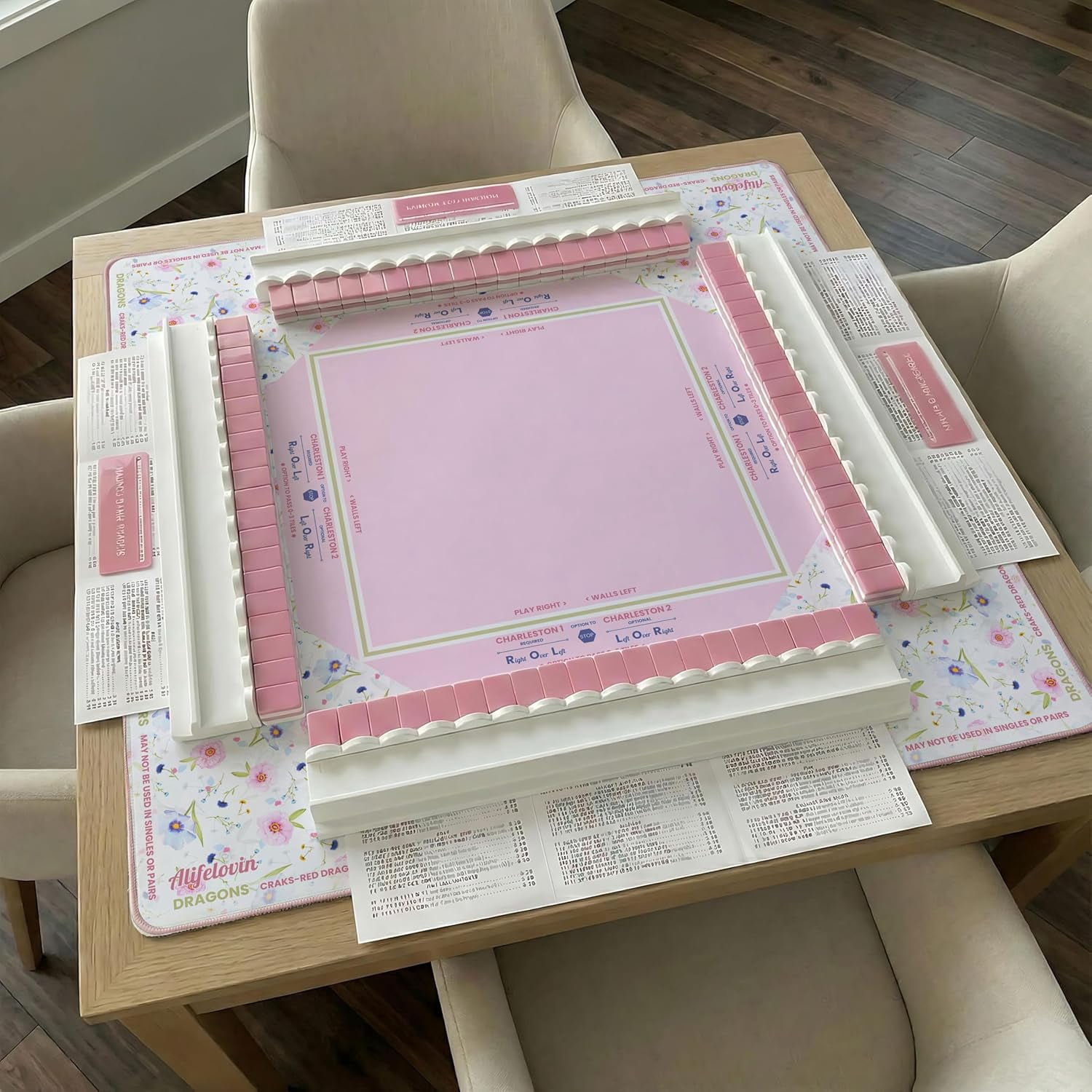 Mahjong Mat - American Mah jongg Mat for Table 32x32 Inch Non-Slip Noise Reduction Mahjong Mat with Rules, Portable Gaming Mat for Poker, Tiles & Dominoes (Pink Blooms)