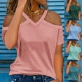 thumbnail image 6 of Lovskoo Womens Summer Tops Trendy Solid Color V-Neck Off Shoulder Casual Short Sleeved Top Shirt Mint Green, 6 of 6