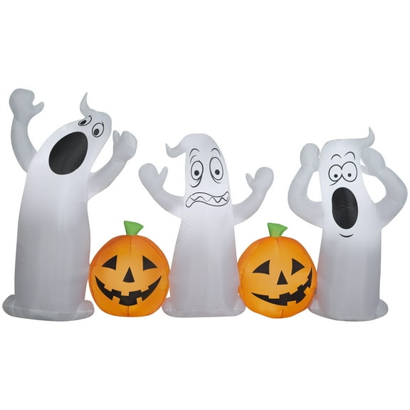 Gemmy Airblown Inflatable Ghost Trio with Jack O' Lanterns, 5 ft Tall, Orange