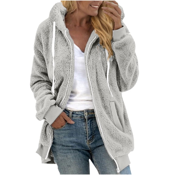 Admvng Winter Jackets for Women Solid Warm Fleece Zipper Jacket Thickening Hooded Coat, Size S-5XL