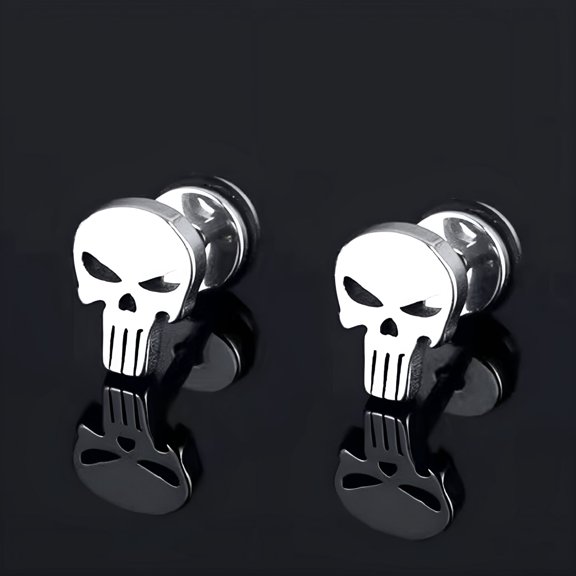 DESIGNICE Silver Punisher Skull Stud Earrings for Men, Hypoallergenic Stainless Steel Earrings Stainless Steel Stud Earrings