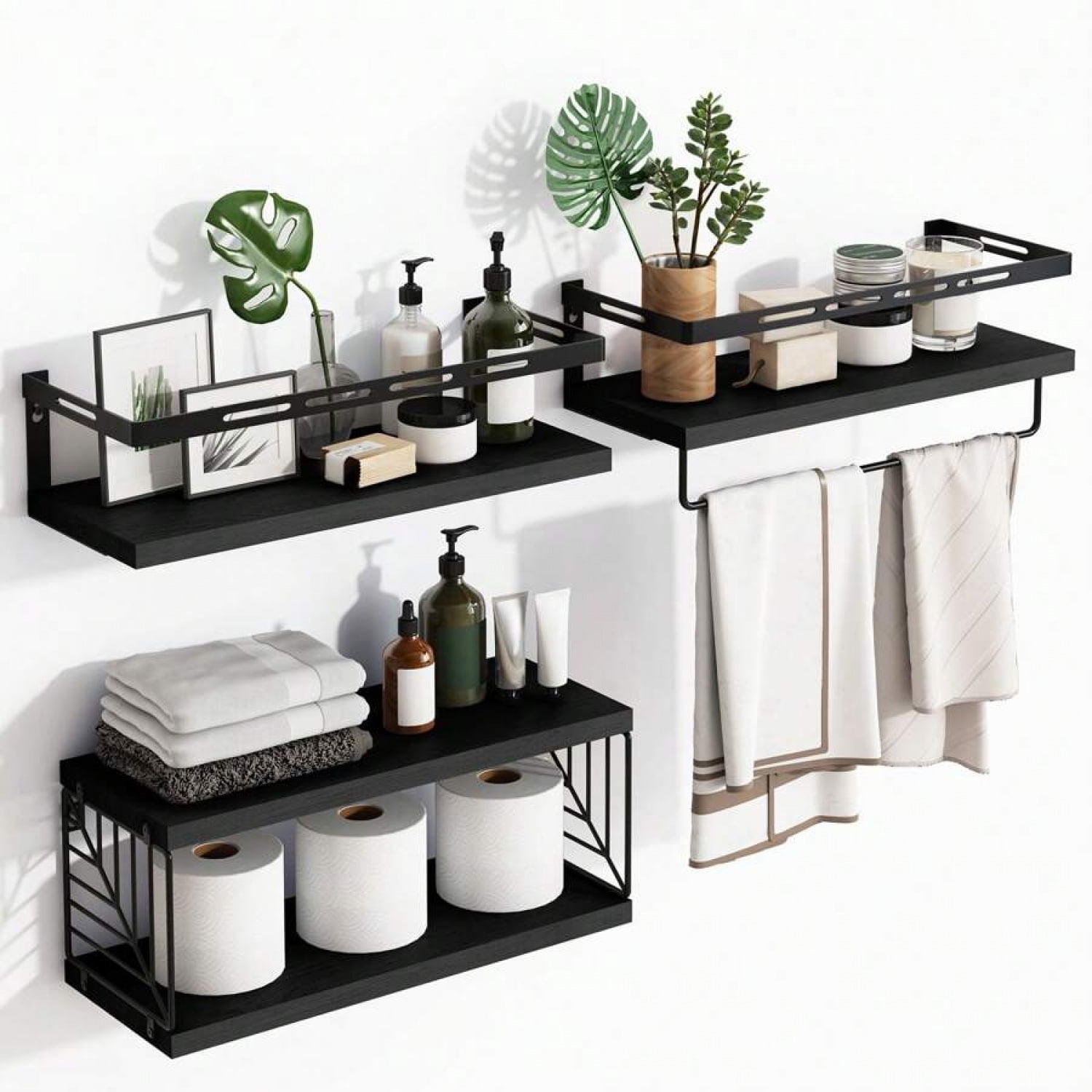 3+1 Tier Wall Mounted Bathroom Shelves Over Toilet, Rustic Wood Floating Shelves With Metal Frame And Towel Bar For Bathroom, Kitchen, Bedroom