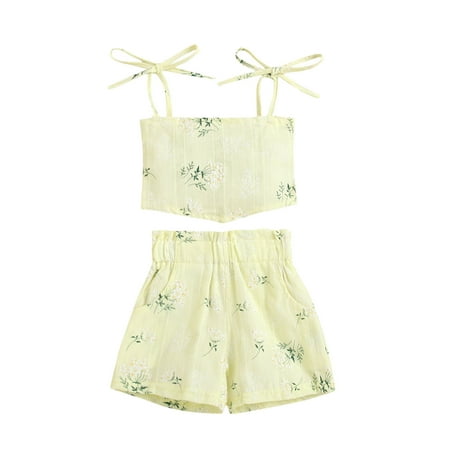 

Canrulo 4 Colors Summer Baby Girls Sweet Clothes Lace Flowers Printed Sleeveless Vest Tops Elastic Shorts Sets Yellow 6-12 Months