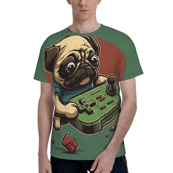 Men's 3D Graphic T Shirts Casual Short Sleeve Tee Top, Funny Pug Play Games Retro