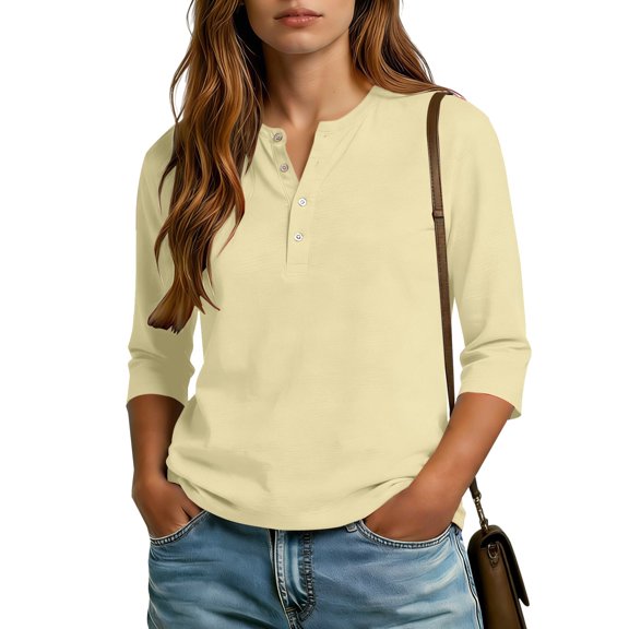 Elbow Length Tops for Women, Audhol 3/4 Length Sleeve Womens Tops V Neck Button down Shirts Business Casual Outfits Basic Tees Summer Top 2026 Beige 3/4 Sleeve Top Xxl