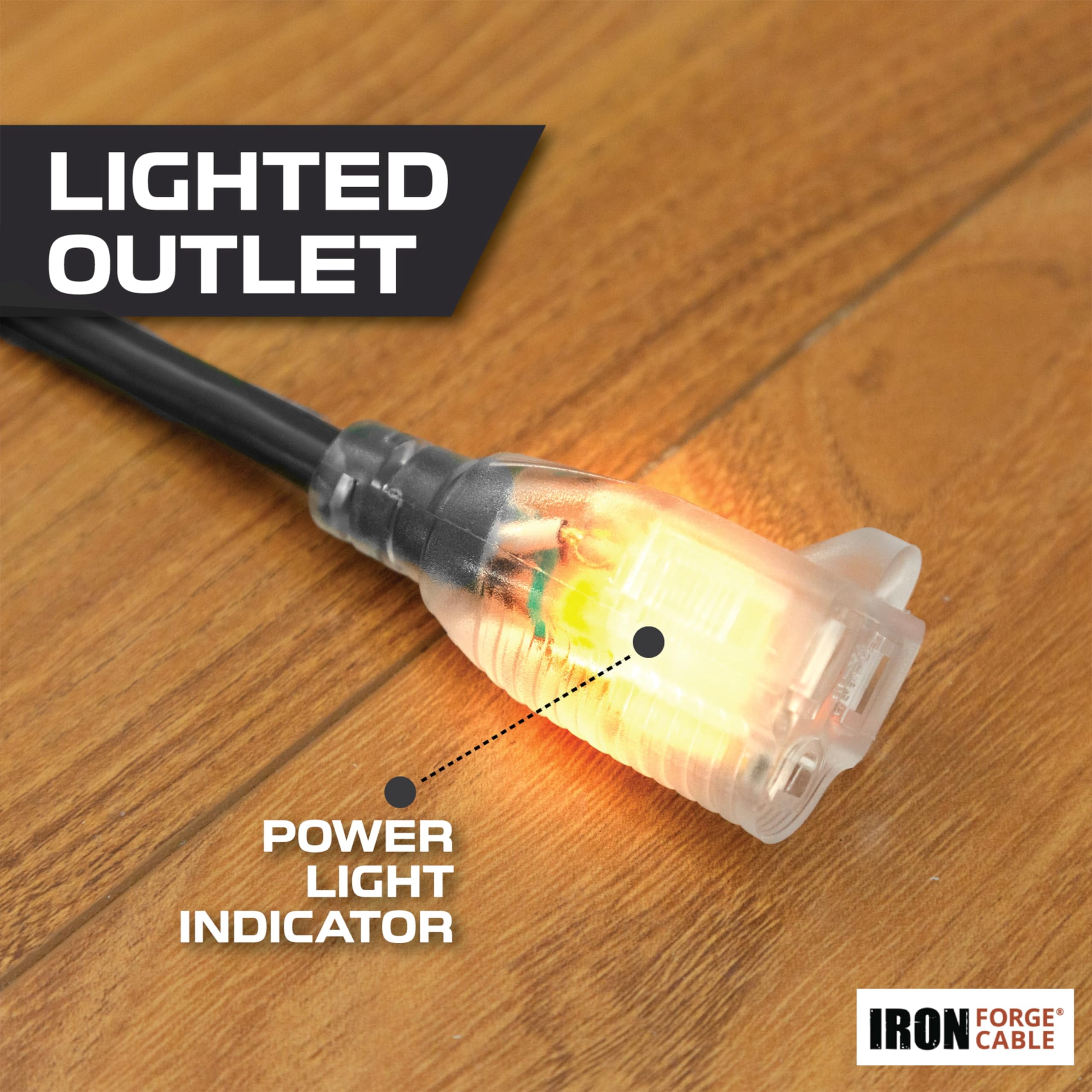 Iron Forge Cable 100 Ft Flag Plug Black Extension Cord, 16/3, 100 Foot Extension Cord with Right Angled Plug, 3 Prong, Weatherproof - Lighted End