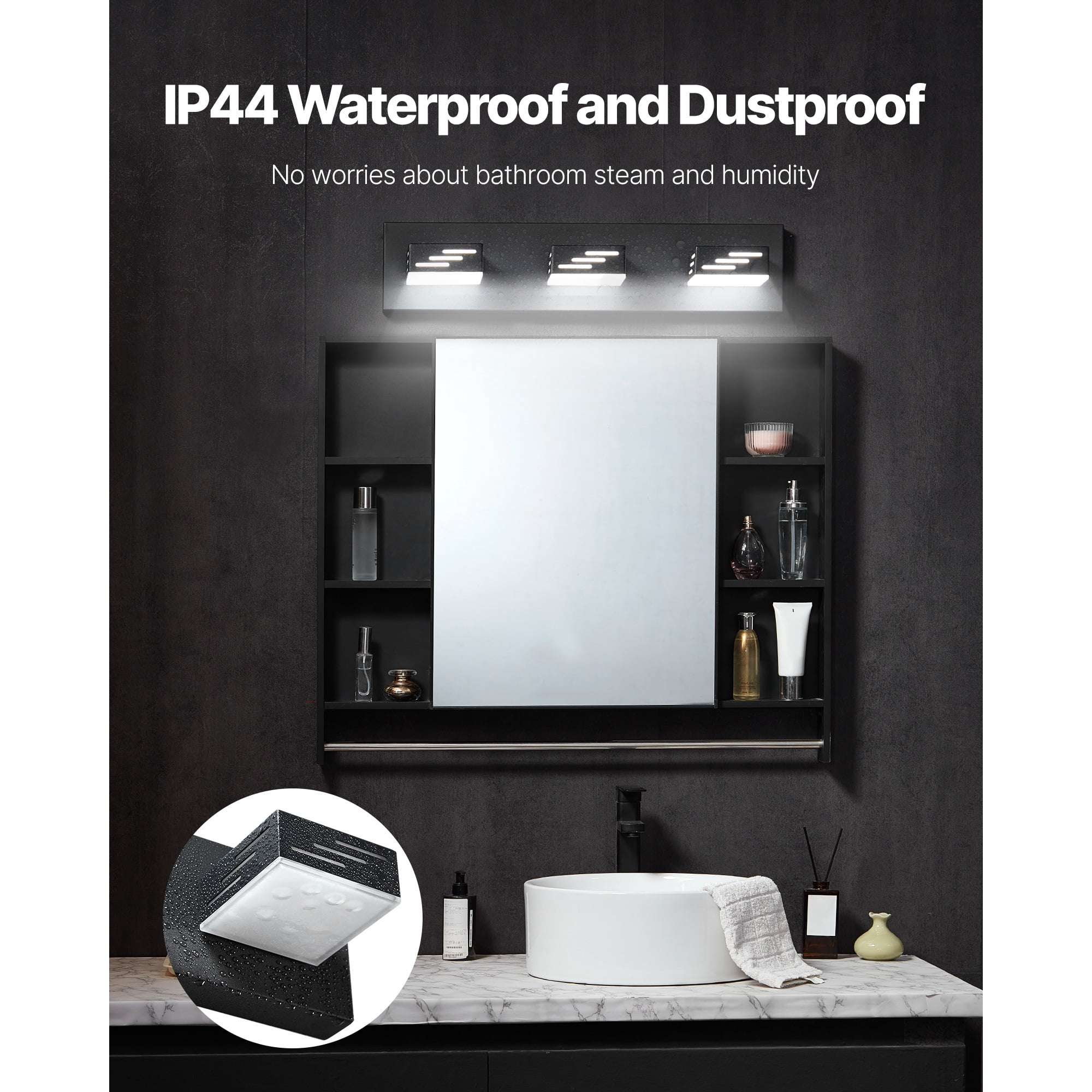 KFFKFF 3-Light LED Modern Vanity Light Fixture, 19.69-Inch, Black Finish Wall Lighting for Bathroom, Living Room, Bedroom, Hallway, Cool White 6000K with IP44 Waterproof Design
