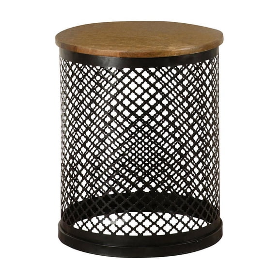 Benjara 22 Inch Round Accent Table with Crossed Lattice Metal Drum Base, Black