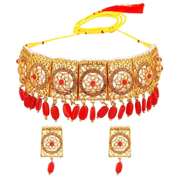 Efulgenz Indian Jewelry Choker Necklace Earrings Bollywood Wedding Crystal Kundan Necklace Earrings Set for Women , Red